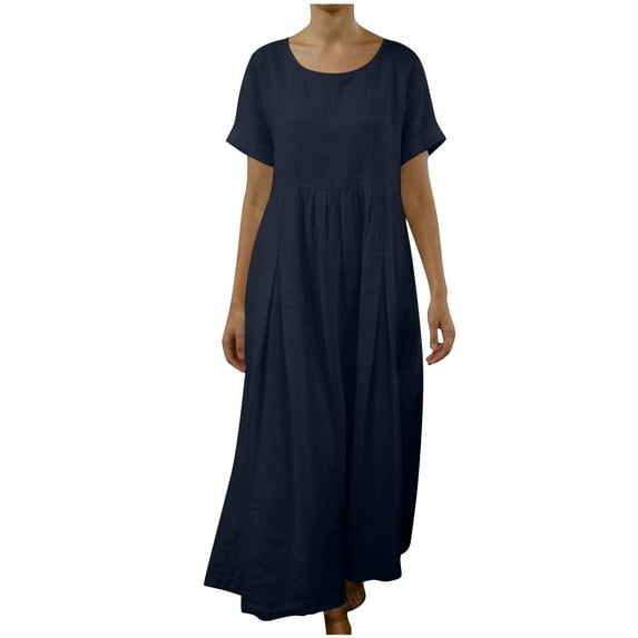 Miluxas Summer Cotton Linen Tunic Dresses for Women Trendy Short Sleeve Scoop Neck Dress Solid Loose Flowy Beach Sundress Navy