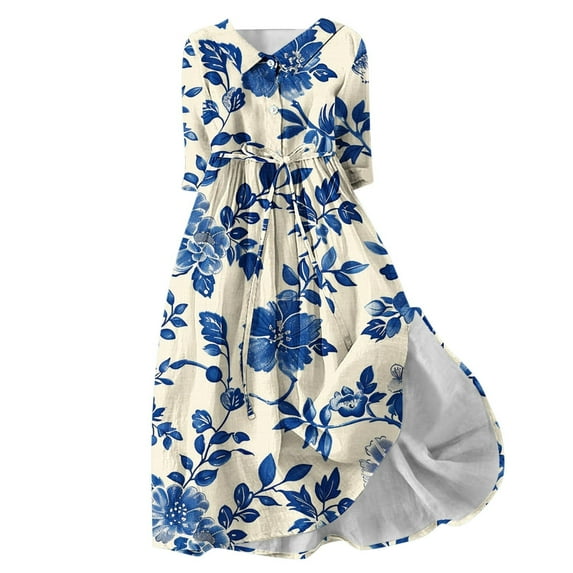 Miluxas Summer Dress for Women 3/4 Sleeve Button Up A Line Flowy Maxi Dresses Vintage Floral Literary Simple Dress