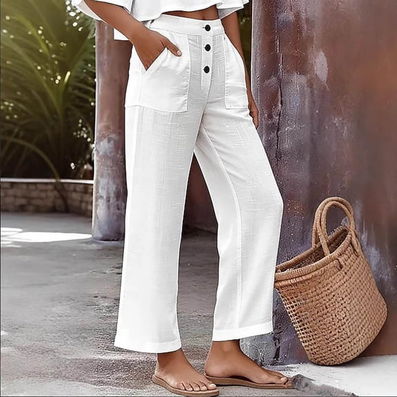 Miluxas Summer Lighthin Wide Leg Pants for Women High Waisted Trendy Zipper Buttons Trouser with Pockets for Streetwear & Casual Wear White