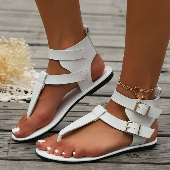 Miluxas Summer Low Heel Toes Women's Shoes Fashion Comfortable Belt Buckle Flat High Top Light Sandals for Women White 7.5(39)