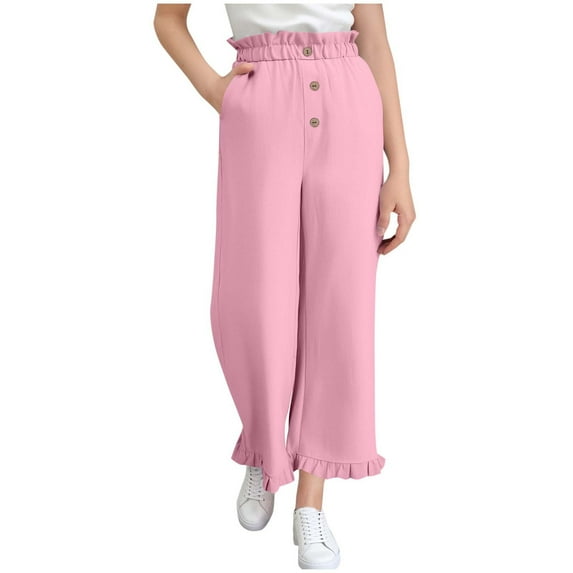 Miluxas Summer Pants for Girls Casual Button Front Elastic Waist Wide Leg Pants Kids Ruffle Hem Lounge Trousers with Pockets Hot Pink-A 12 Years
