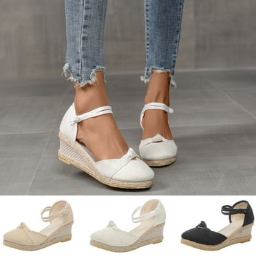 Miluxas Summer Sandals Clearance Women's Ankle Strap Closed Toe Espadrille Wedge Heels Sandals White 9(42)
