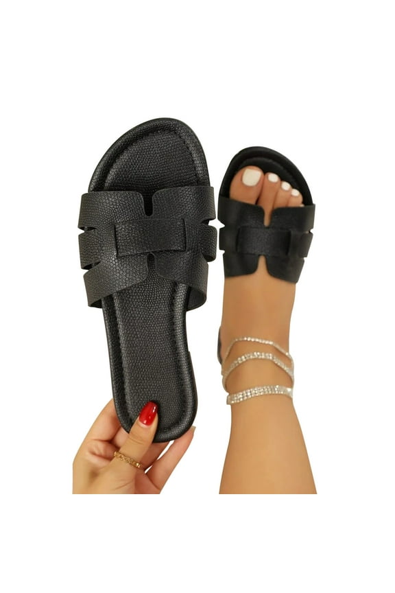 Summer Sandals Women's Crocodile Embossed Flat Sandals Cross Strappy Open Toe Slide Sandals Black 7.5(40)