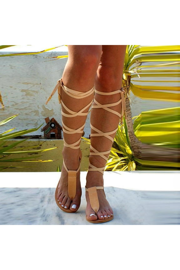 Summer Sandals for Women Lace Up Sandals for Women, Open Toe Gladiator Sandals, Flat Sandals for Women Dressy, Beach Sandals for Women Yellow 7(39)