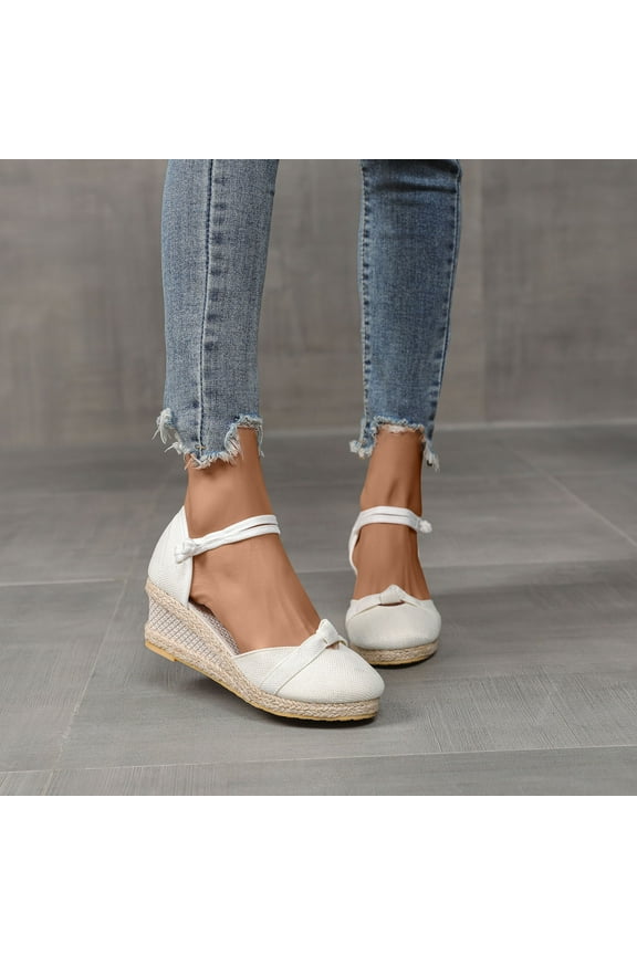 Summer Sandals Women's Ankle Strap Closed Toe Espadrille Wedge Heels Sandals White 7(39)