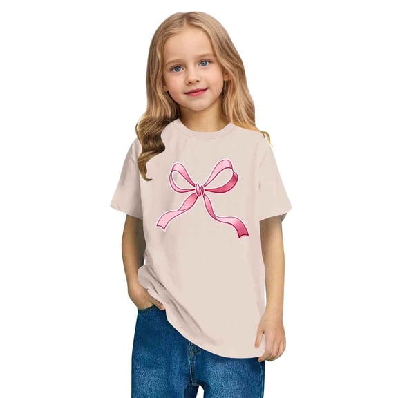 Miluxas Summer Tops for Girls Bow Graphic Crew Neck Short Sleeve Shirt Casual Loose Fit Workout Blouse Tee Beige 4 Years