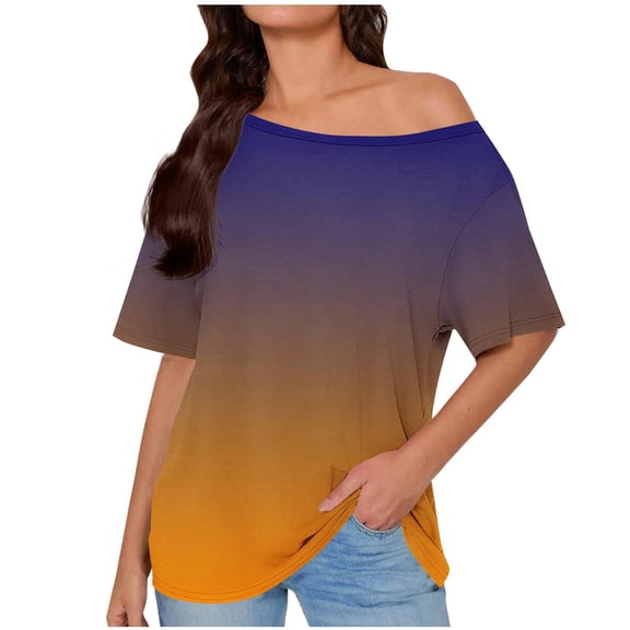 Miluxas Summer Tops for Women Skew off-Shoulder Gradient Blouse Loose Fit Solid Short Sleeve Casual Tunic T-Shirts Yellow XXL(XXL)