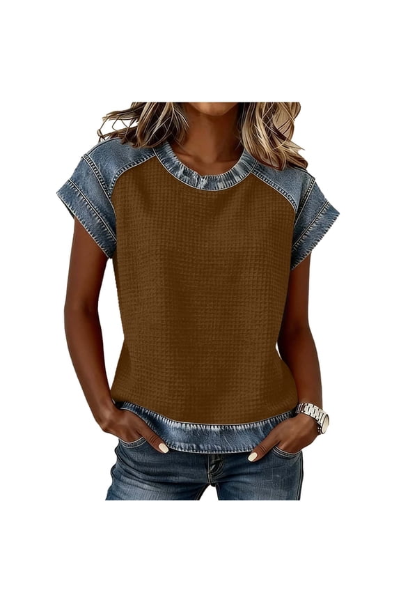 Summer Tops for Women Trendy Short Sleeve Denim Patchwork Shirt Crewneck Tunic Blouse Casual Color Block T-Shirt Coffee L(L)
