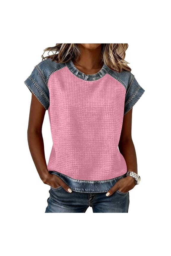 Summer Tops for Women Trendy Short Sleeve Denim Patchwork Shirt Crewneck Tunic Blouse Casual Color Block T-Shirt Pink XXL(XXL)
