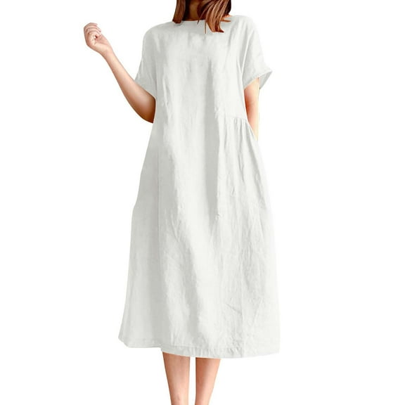 Miluxas Summer Women Cotton Dresses Vintage Short Sleeve Casual Loose Beach Party Club Dress White XXL(XXL)