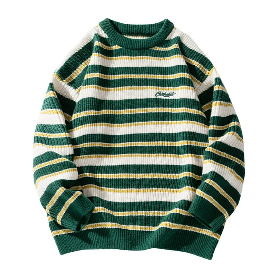 Miluxas Sweaters for Men Vintage Fall Grandpa Striped Sweater Knit Oversized Crew Neck Long Sleeve Pullover Sweater Green