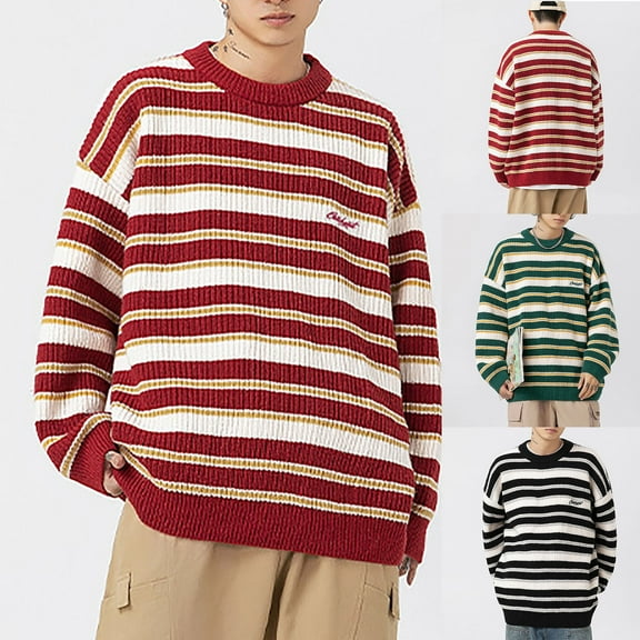 Miluxas Sweaters for Men Vintage Fall Grandpa Striped Sweater Knit Oversized Crew Neck Long Sleeve Pullover Sweater Red