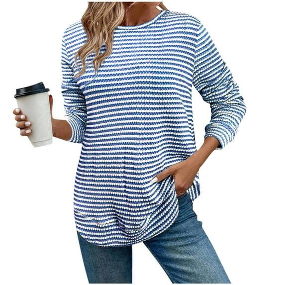 Miluxas Sweaters for Women Crewneck Striped Cute Color Block Fall Winter Knitted Round Neck Pullover Tops Blue XXL(XXL)