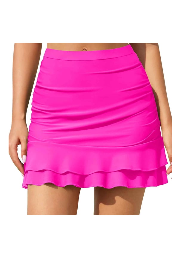 Swim Skirt Women's Ruffle Swim Skirt with Hipster Bikini Swimsuits Tummy Control Bottoms Hot Pink L(L)