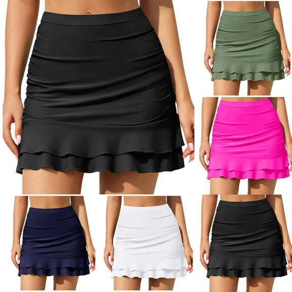 Miluxas Swim Skirt Women's Ruffle Swim Skirt with Hipster Bikini Swimsuits Tummy Control Bottoms White XL(XL)