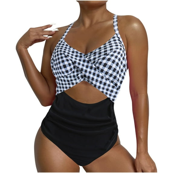 Miluxas Swimsuits for Women 2024 Clearance Women's One Piece Swimsuits Tummy Control Cutout High Waisted Bathing Suit Wrap Tie Back 1 Piece Swimsuit B 4(S)