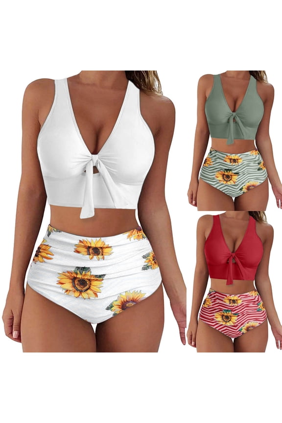 Swimsuits for Women Women's Leopard Sunflower Graphic Bikini Swimsuits V Neck High Waisted 2 Piece Bathing Suits White 10(XL)