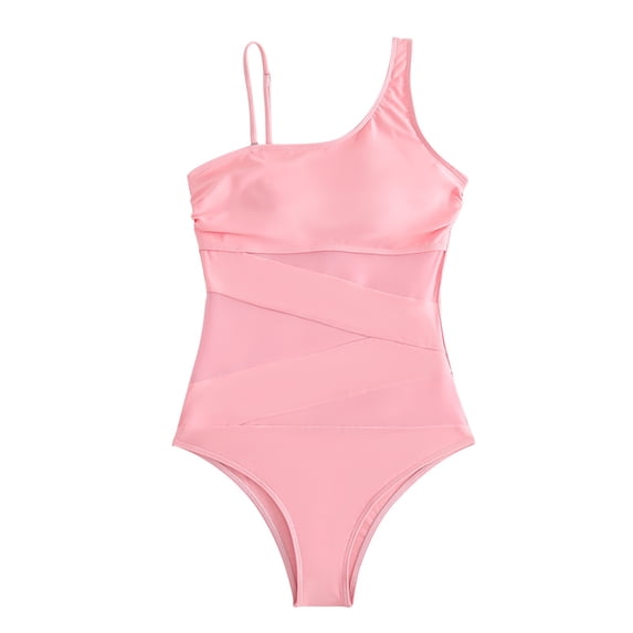 Miluxas Swimsuits for Women 2024 Clearance Women's One Piece Bathing Suits One Shoulder Swimsuits Slimming Mesh Swimwear Pink 8(L)