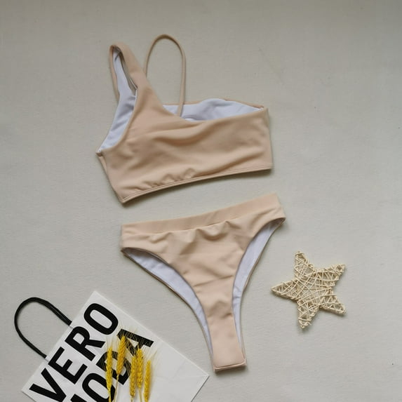 Miluxas Swimsuits for Women,Women's Bikini Solid Set Swimsuit Two Piece Filled Soild Swimwear Beachwear Beige S