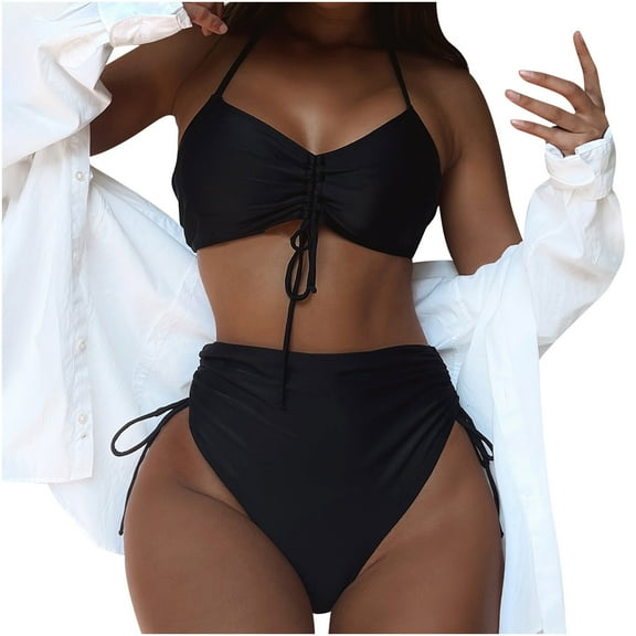 Swimsuits for Women,Women's Sloid Color Split Swimsuit Show Waistflat Bikini Black 8(L)