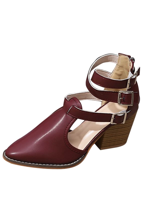 Thick Heels for Women Closed Toe Comfortable High Heels Pointed Toe Retro Belt Buckle Slip on Pumps Bridal Party Dressy Shoes Wine 6(37)