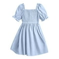 thumbnail image 1 of Miluxas Toddler Baby Girl Dress Ruffle Short Sleeve Elastic Solid Square Neck Flared Plain Casual Summer Dresses for Girls Light Blue 3 Years, 1 of 6