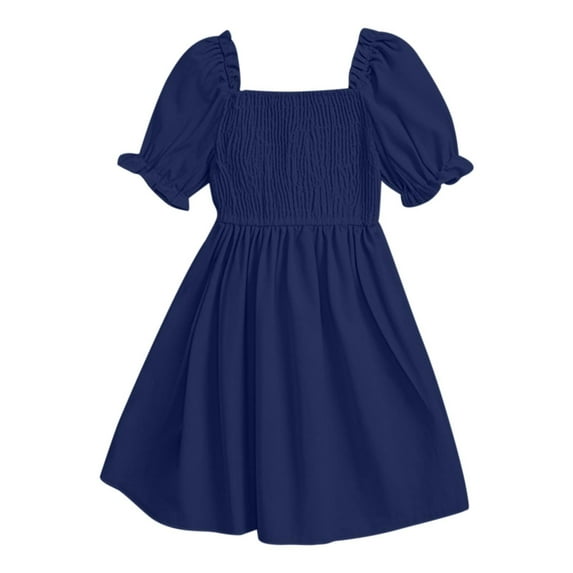 Miluxas Toddler Baby Girl Dress Ruffle Short Sleeve Elastic Solid Square Neck Flared Plain Casual Summer Dresses for Girls Navy 4 Years
