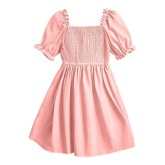 Miluxas Toddler Baby Girl Dress Ruffle Short Sleeve Elastic Solid Square Neck Flared Plain Casual Summer Dresses for Girls Pink 6 Years