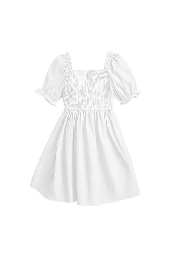 Toddler Baby Girl Dress Ruffle Short Sleeve Elastic Solid Square Neck Flared Plain Casual Summer Dresses for Girls White 6 Years