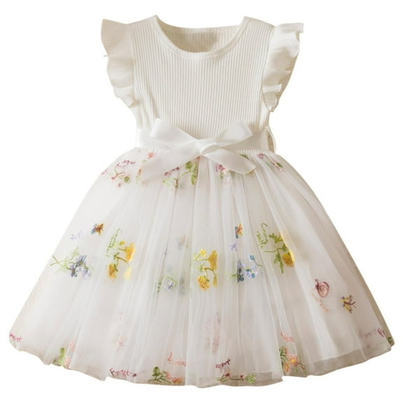 Miluxas Toddler Baby Girl Tulle Dress Summer Sleeveless Embroidery Sequin Princess Birthday Party Tutu Dress White 1 Years