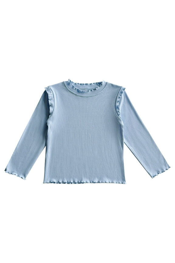 Toddler Baby Girls Long Sleeve Ruffle T Shirt Kids Casual Plain Solid Top Blouse T-Shirt Undershirt Sky Blue 5 Years(120)