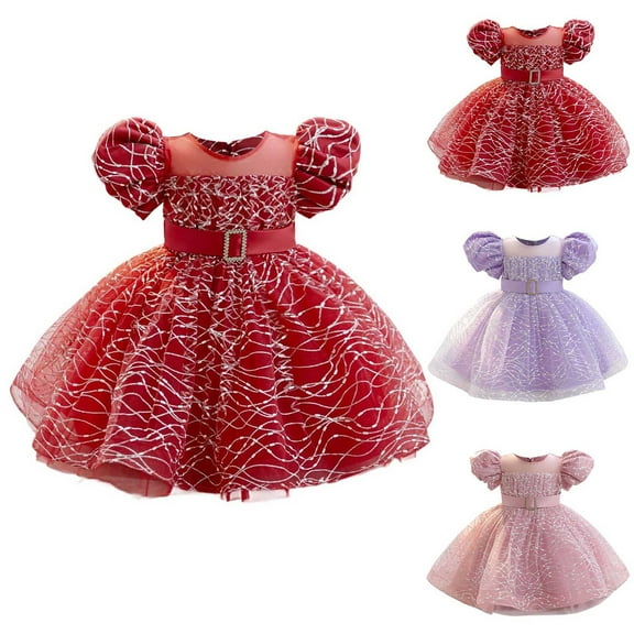 Miluxas Toddler Girl Flower Girl Princess Dresses Tulle Puff Sleeve Party Tutu Dress for Birthday Red 2 Years