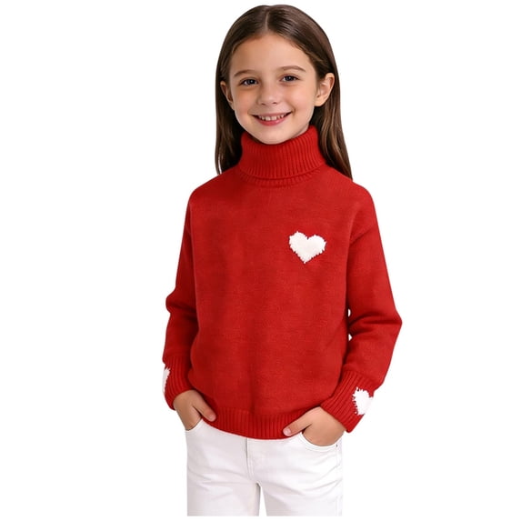 Miluxas Toddler Girl Valentines Outfit Love Heart Embroidery Kint Sweater Crewneck Long Sleeve Cute Winter Clothes Red 7-8 Years