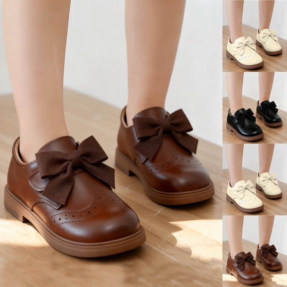 Miluxas Toddler Girls Platform Loafers Spring Bow Knot Slip On Mary Jane Dress Shoes Lightweight Casual Uniform Shoes Brown 6.5-7Years