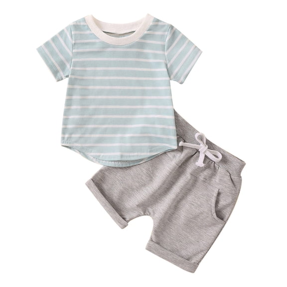 Miluxas Toddler Kids Baby Boys Fashion Cute Short Sleeve Cartoon Stripe Print Casual Pocket Shorts Suit Blue 6-12Months