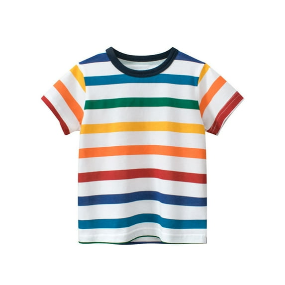 Miluxas Toddler Summer Tees Boys Rainbow Striped Shirts for Kids Short Sleeve O-Neck Tops Cotton T-Shirts White 2Y