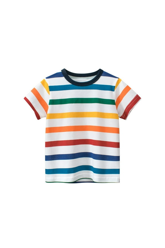 Toddler Summer Tees Boys Rainbow Striped Shirts for Kids Short Sleeve O-Neck Tops Cotton T-Shirts White 6Y
