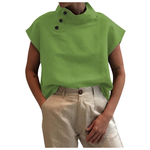 Miluxas Tops Plus Size Women's Solid Color Short Sleeve Open Button Pullover Loose Cotton Shirt Green 12(2XL)