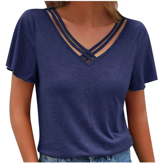 Miluxas Tops Plus Size Women's Summer Solid Color Ruffle Sleeve Short Sleeve Top T-shirt Navy 8(L)