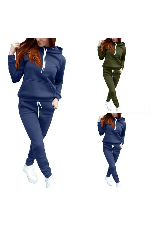 Track Suits for Women Set - Solid Color Casual 2 Piece Outfits Sweatsuit Hoodies Long Sleeve Round Neck Top Set Dark Blue 10(XL)