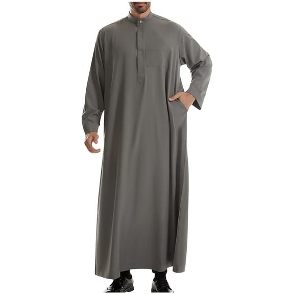 Miluxas Traditional Arabic Thobe, Long Sleeve Islamic Robe, Men's Middle Eastern Kaftan with Chest Pocket Army Green