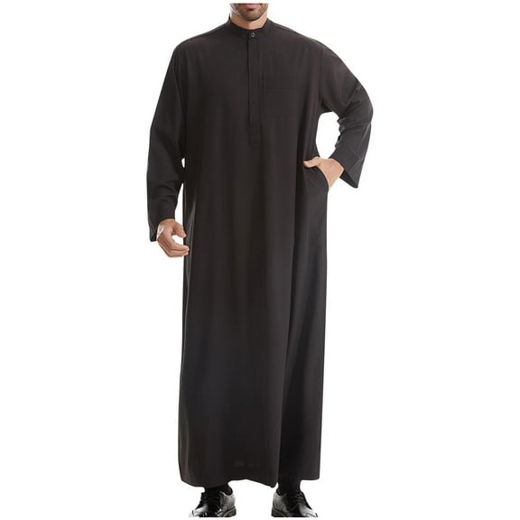 Miluxas Traditional Arabic Thobe, Long Sleeve Islamic Robe, Men's Middle Eastern Kaftan with Chest Pocket Black