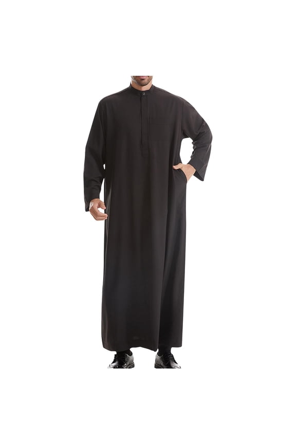 Traditional Arabic Thobe, Long Sleeve Islamic Robe, Men's Middle Eastern Kaftan with Chest Pocket Black