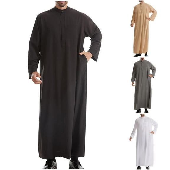 Miluxas Traditional Arabic Thobe, Long Sleeve Islamic Robe, Men's Middle Eastern Kaftan with Chest Pocket White