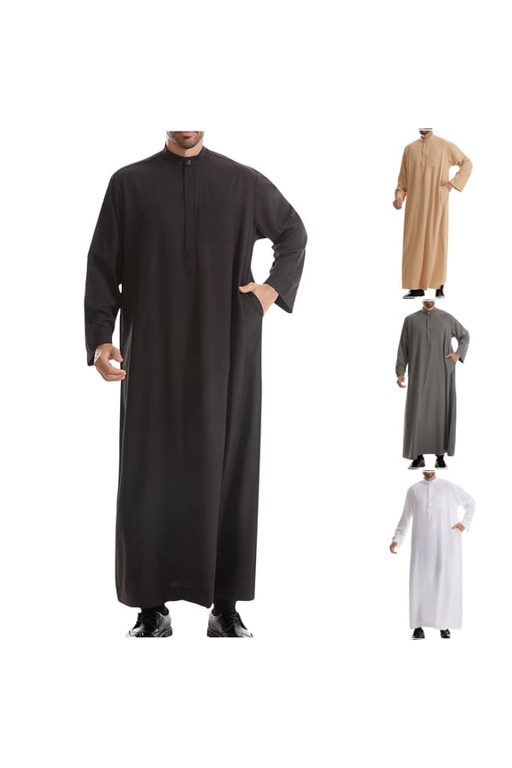 Traditional Arabic Thobe, Long Sleeve Islamic Robe, Men's Middle Eastern Kaftan with Chest Pocket White