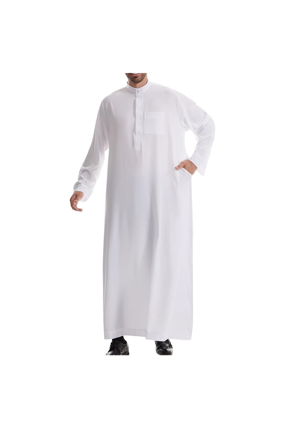 Traditional Arabic Thobe, Long Sleeve Islamic Robe, Men's Middle Eastern Kaftan with Chest Pocket White