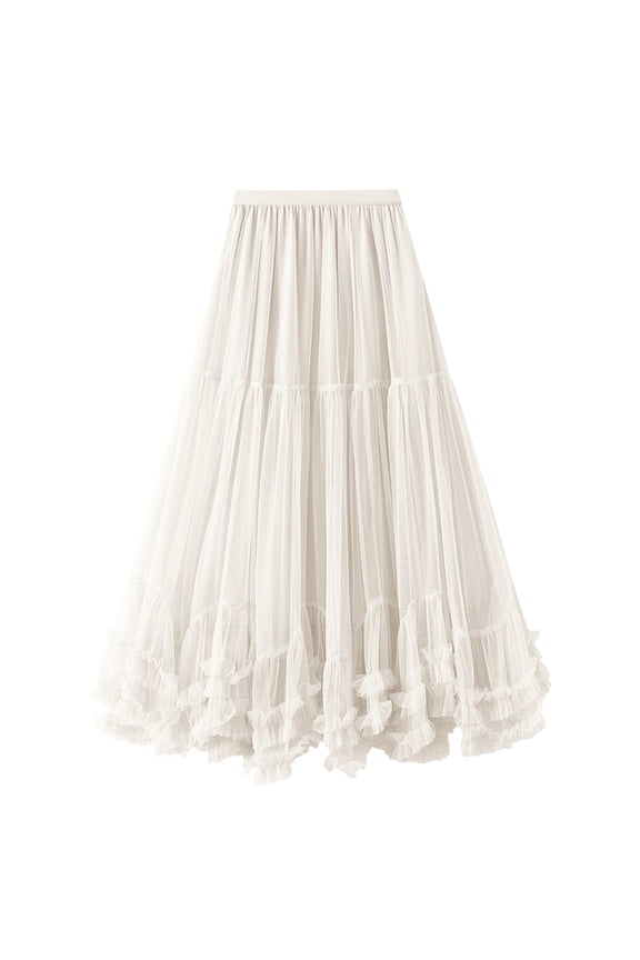 Tulle Skirts for Women Long A-line Large Pendant Puffy Half Length Skirt Solid Mesh Layered High Elastic Waist Skirts White