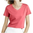 thumbnail image 1 of Miluxas V Neck Basic T Shirts for Women Short Sleeve Summer Trendy Tops Solid Casual Loose Fit Tee Shirt Red L(L), 1 of 5