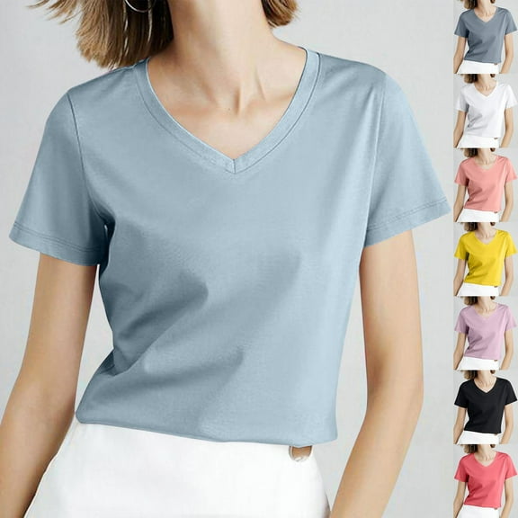 Miluxas V Neck Basic T Shirts for Women Short Sleeve Summer Trendy Tops Solid Casual Loose Fit Tee Shirt Yellow XL(XL)