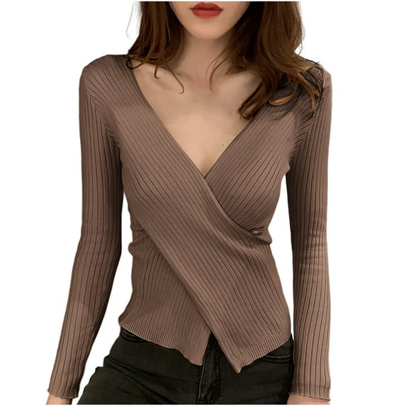 Miluxas V Neck Long Sleeve Shirts for Women Solid Color Casual Fall Slim Tops Lightweight Tunic Cross Sweaters Fashion Clothes Coffee Free Size(Free Size)